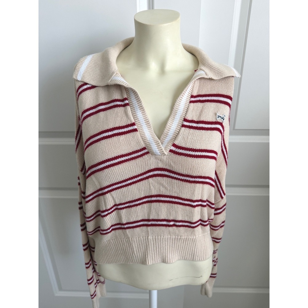 Victoria's Secret PINK Striped Polo Sweater Tan Red Dog Logo Large Soft!